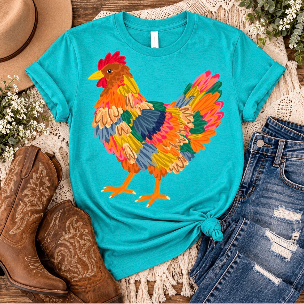 Colorful Chicken Graphic Tee – Turquoise