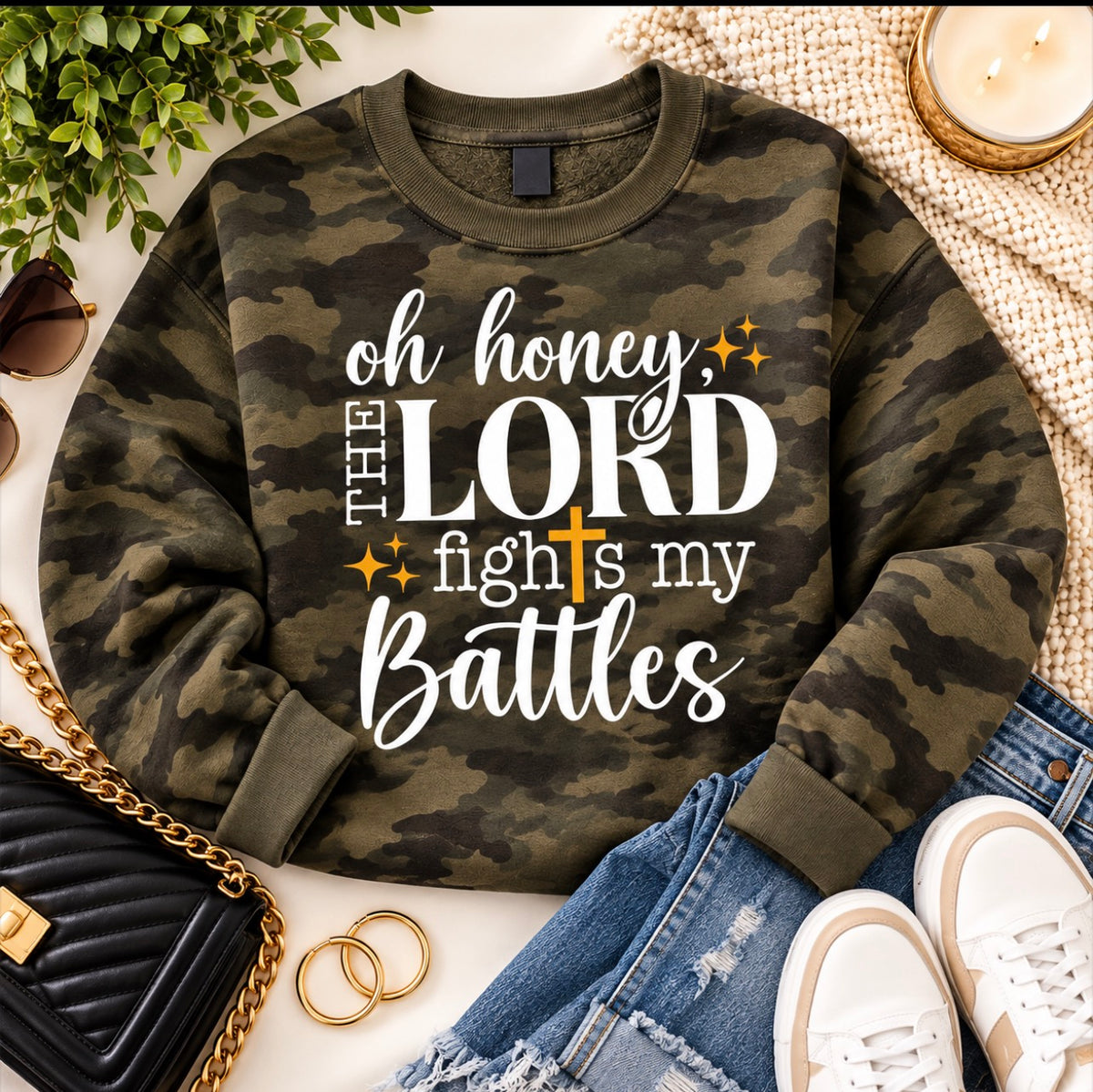Oh Honey, The Lord Fights My Battles -Camo Sweatshirt